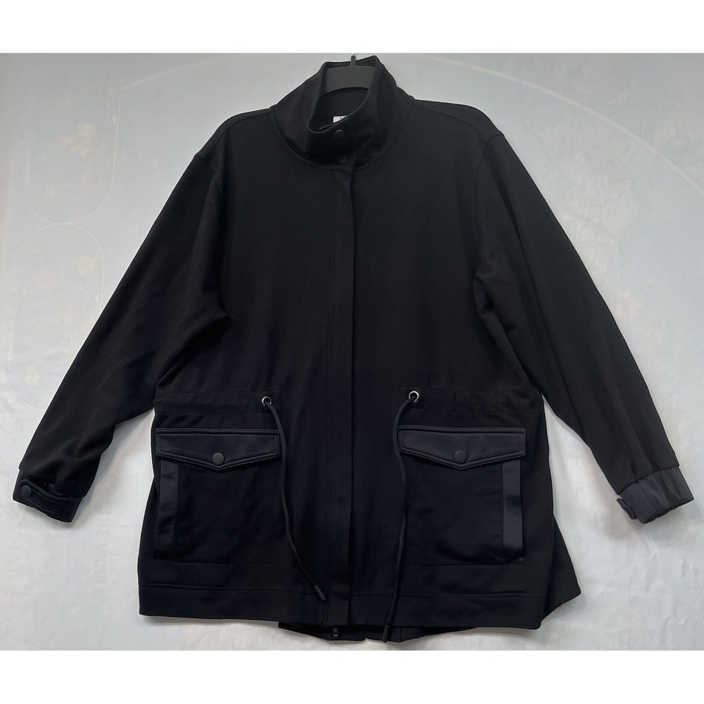 Cabi Black Utility Jacket Women XL Drawstring Waist Funnel Neck Snap Pockets
